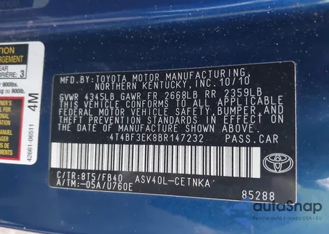 2011 Toyota Camry Le from USA, damaged, VIN 4T4BF3EK8BR147232